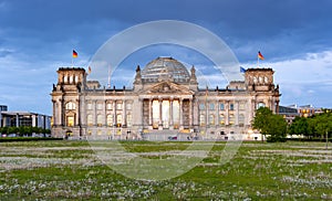 Reichstag building Bundestag - parliament of Germany in Berlin at sunset