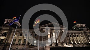 The Reichstag building at night in Berlin, Bundestag at night, wide angle, panorama. Germany