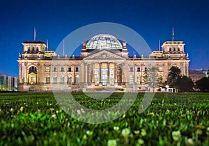 Reichstag building at night, Berlin, Germany photo