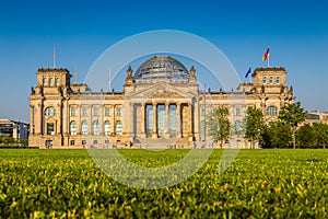 Reichstag building at sunset, Berlin, Germany