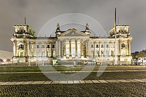 Reichstag or bundestag building in Berlin, Germany, at night