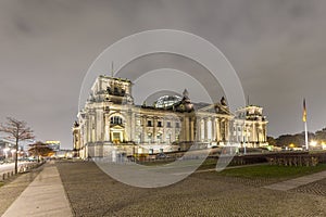 Reichstag or bundestag building in Berlin, Germany, at night