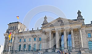 Reichstag, main entrance, facade. The building that houses the Bundestag. Historical heritage of Germany