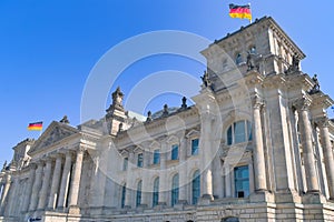 Reichstag, main entrance, facade. The building that houses the Bundestag. Historical heritage of Germany