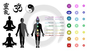 Ilustraciones de algunos de los símbolos de Reiki, mantra, OM, el Yin y el Yang.