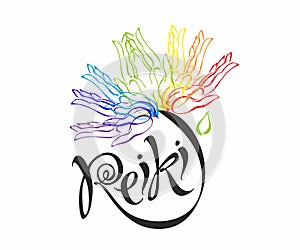 Reiki energy. Logotype. Healing energy. Flower of the rainbow from the palms of man. Alternative medicine. Spiritual