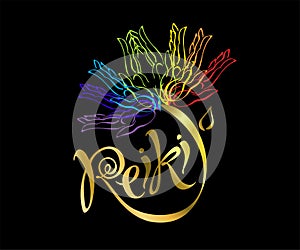 Reiki energy. Logotype. Healing energy. Flower of the rainbow from the palms of man. Alternative medicine. Spiritual