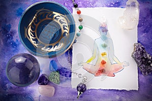 Reiki Healing chakra background, with watercolor painting and healing stones. Yoga, meditation concept.