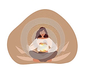 Reiki healing energy, woman in pose lotus