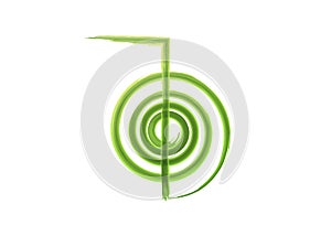 Reiki symbol infographic watercolor icon, a sacred sign. Spiritual energy. Alternative medicine. Esoteric mystical spiral, green