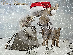 Reindeer and a bag of gifts and a wooden heart - The magic of Christmas