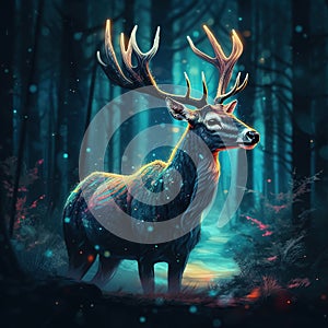 A reindeer with big antlers and all glowing Generative AI