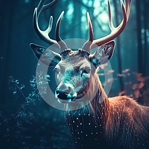 A reindeer with big antlers and all glowing Generative AI