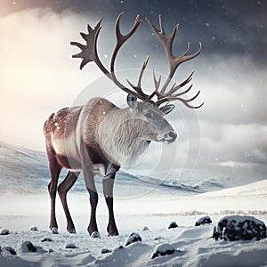 Reindeer with big antlers close-up on the background of nature