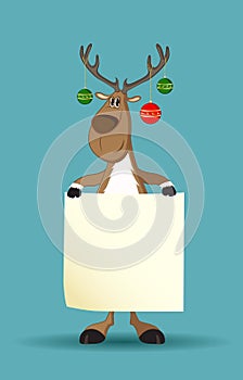 Reindeer with christmas balls holding a paper