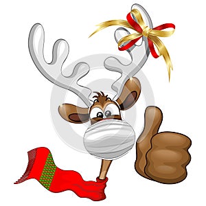 Reindeer Christmas Character with Face Mask, smiling under the Mask - Vector illustration isolated on White.