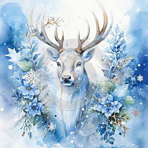Reindeer in Christmas setting watercolor painting