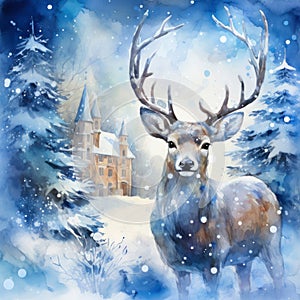 Reindeer in Christmas setting watercolor painting