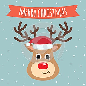 Reindeer cute cartoon close up with santa hat. Merry Christmas greeting card