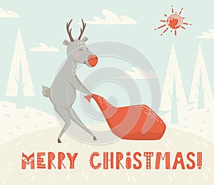 Reindeer drags santa gift bag scandinavian card. New year.