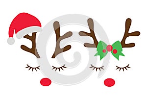 Reindeer Face with Santa Claus Hat and Bow Vector