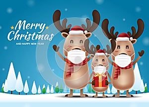 Reindeer family wearing mask on blue background