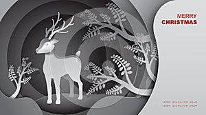 Reindeer in the forest, we wish you a Merry Christmas and Happy New Year, Paper art design, Advertising with winter composition in