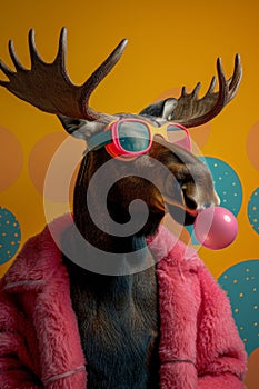 Reindeer in fur coat and sunglasses blowing bubblegum bubble.