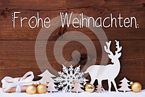 Reindeer, Gift, Tree, Golden Ball, Snow, Frohe Weihnachten Means Merry Christmas