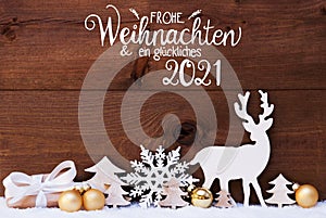 Reindeer, Gift, Tree, Golden Ball, Snow, Glueckliches 2021 Means Happy 2021