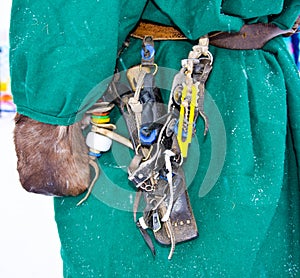 Reindeer herder`s belt with amulets, Scabbard with a knife