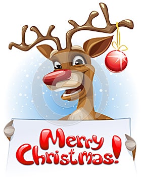 Reindeer holding Merry Christmas banner