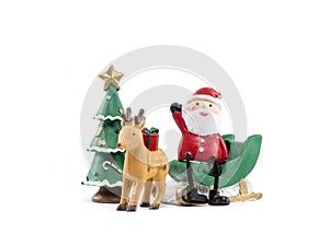 Reindeer lug green sleigh santa claus sit on gesticulate your hand on white background