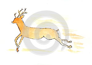 Reindeer in motion, animal portrait. Watercolor illustration on a winter theme, congratulations