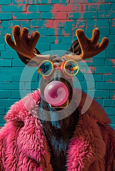 Reindeer with pink fur and sunglasses blowing bubble with its tongue
