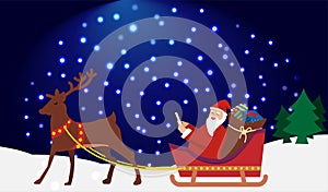 Reindeer pulling Santa claus and gift box bag in snow kart on blue and white begeh background