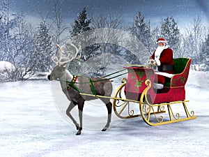 Reindeer pulling a sleigh with Santa Claus.