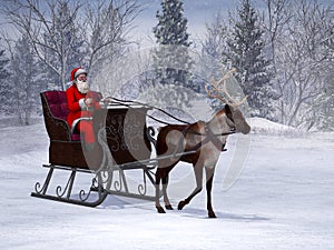 Reindeer pulling a sleigh with Santa Claus.