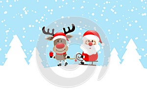Reindeer Pulling Sleigh With Santa Snow And Forest Blue