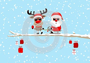Reindeer Pulling Sleigh With Santa Sunglasses On Bough Blue