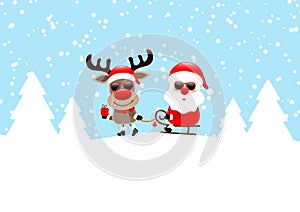 Reindeer Pulling Sleigh With Santa Sunglasses Snow And Forest Blue