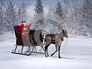 Reindeer pulling a sleigh with waving Santa Claus.