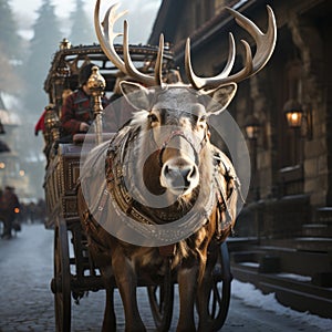 reindeer pulling a wooden cart down a Victorian street,