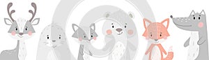 Reindeer, raccoon, seal, wolf, penguin, bear, fox baby winter set. Cute animal illustration