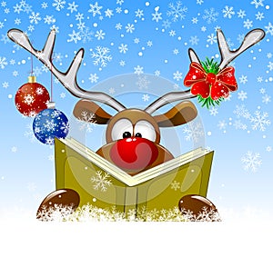 Reindeer reading a book. Deer with a book for Christmas