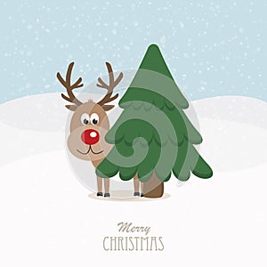 Reindeer red nose behind tree snowy background