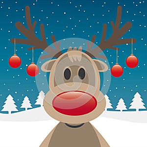 Reindeer red nose and christmas balls