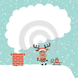 Reindeer On Roof With Sleigh Cloud Of Smoke Snow Turquoise