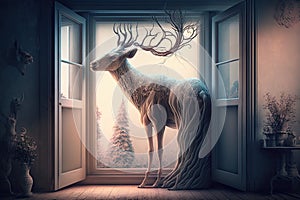 Reindeer in the room with winter landscape
