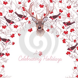 Reindeer, rowanberry, bullfinches and tree branches round vector